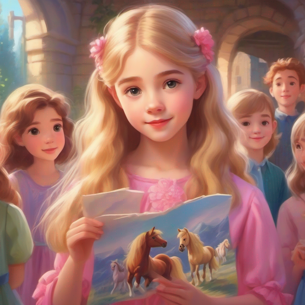 A girl with long blonde hair and a pink dress showing her friends the drawing of the pony