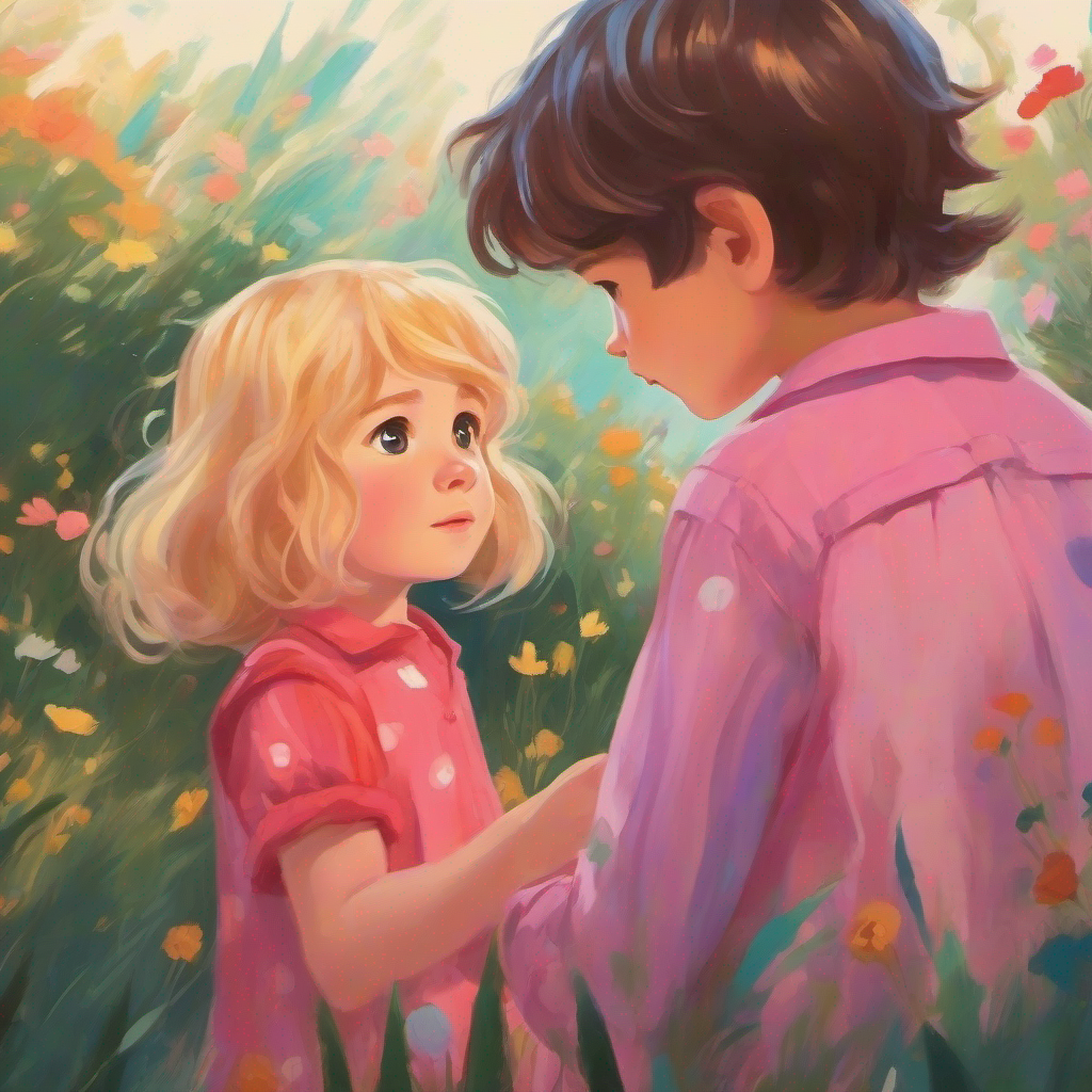 A little boy with messy brown hair and a colorful shirt confessing to A girl with long blonde hair and a pink dress about lying