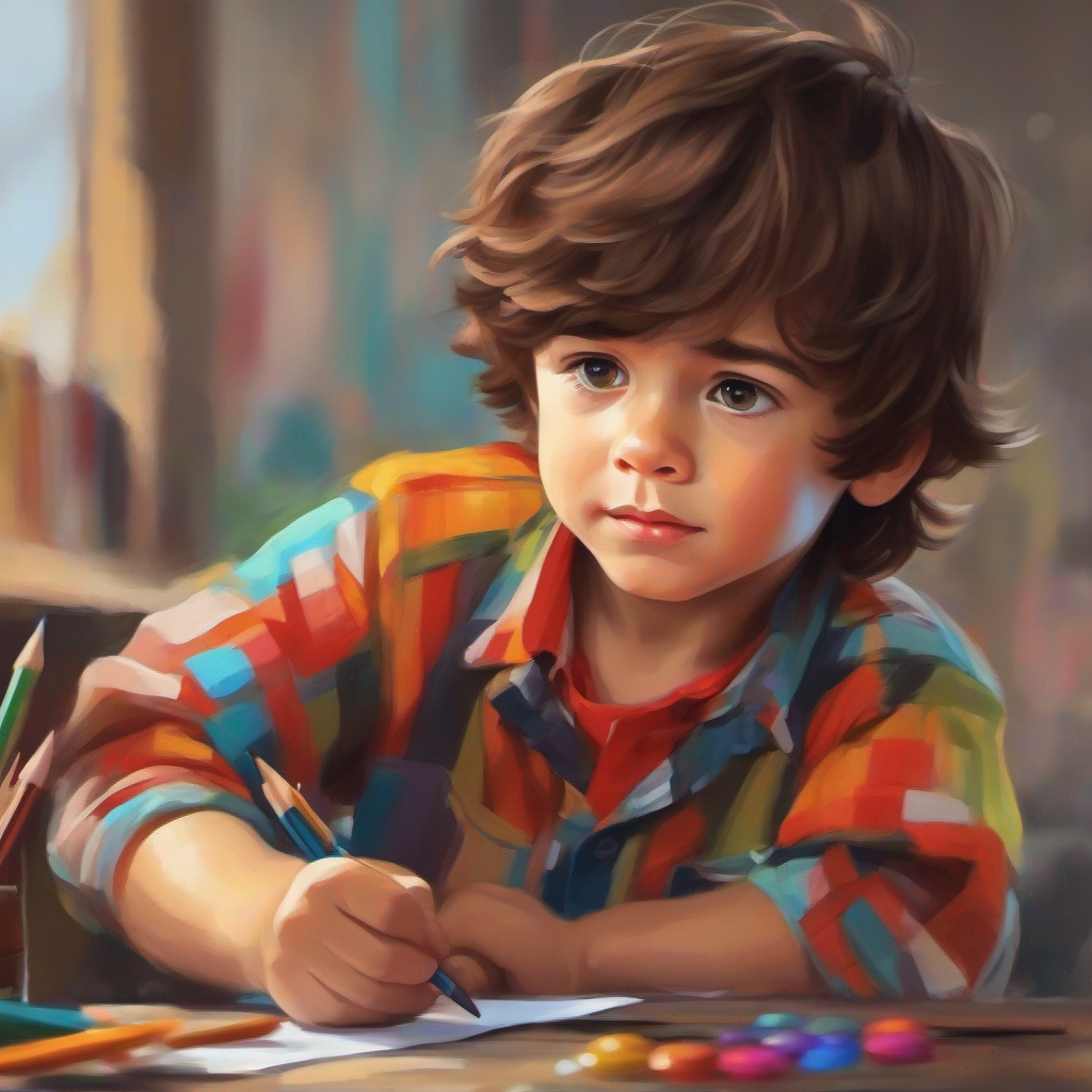 A little boy with messy brown hair and a colorful shirt promising to be honest and practice drawing ponies