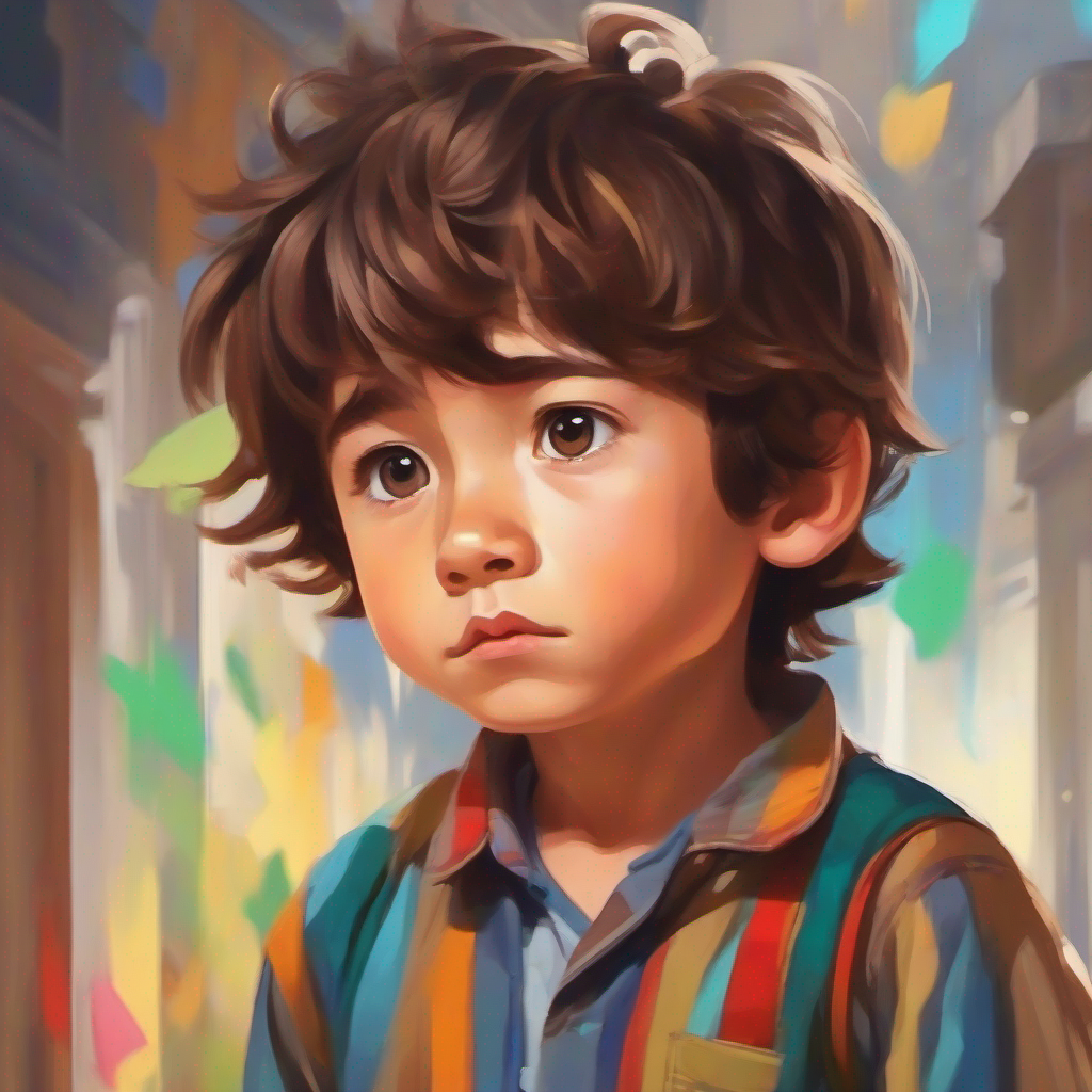 A little boy with messy brown hair and a colorful shirt realizing the importance of honesty