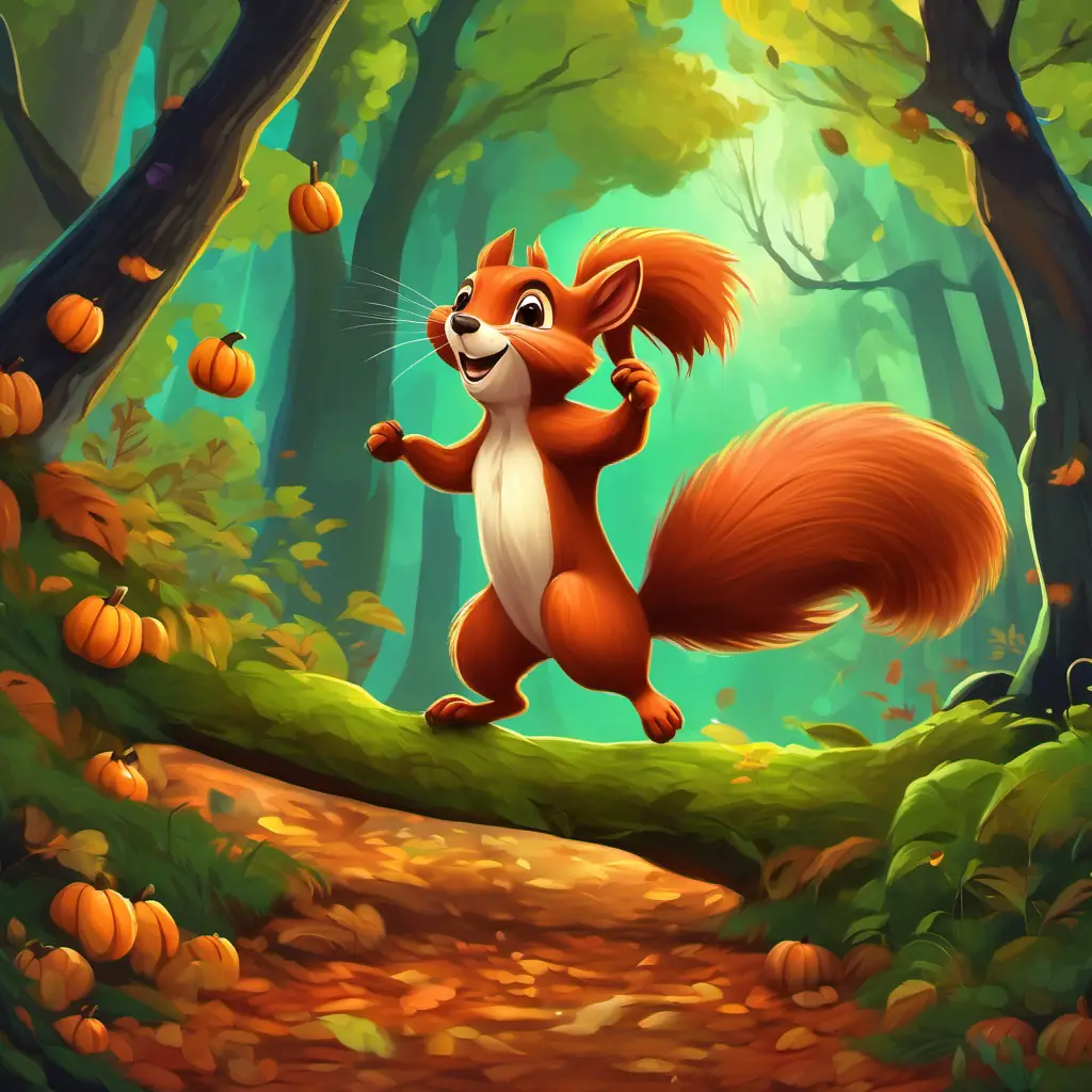 In a lush, green forest with tall, towering trees, A curious squirrel with reddish-brown fur and a bushy tail the squirrel with his reddish-brown fur and bushy tail would scamper around, jumping from branch to branch, his eyes filled with excitement.