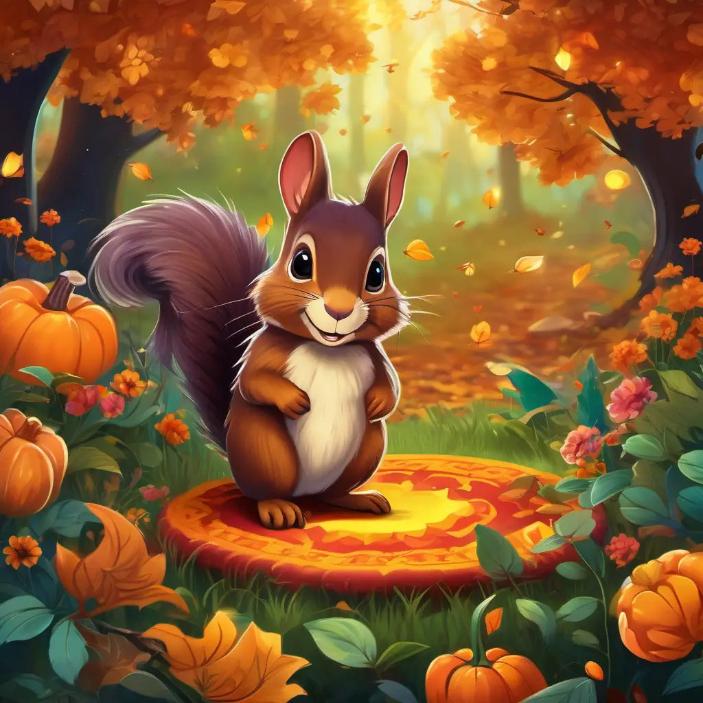 In a cozy clearing surrounded by colorful flowers and chirping birds, A curious squirrel with reddish-brown fur and a bushy tail discovered a mysterious, sparkling A shiny, golden key that holds a secret half-buried beneath a vibrant carpet of foliage.