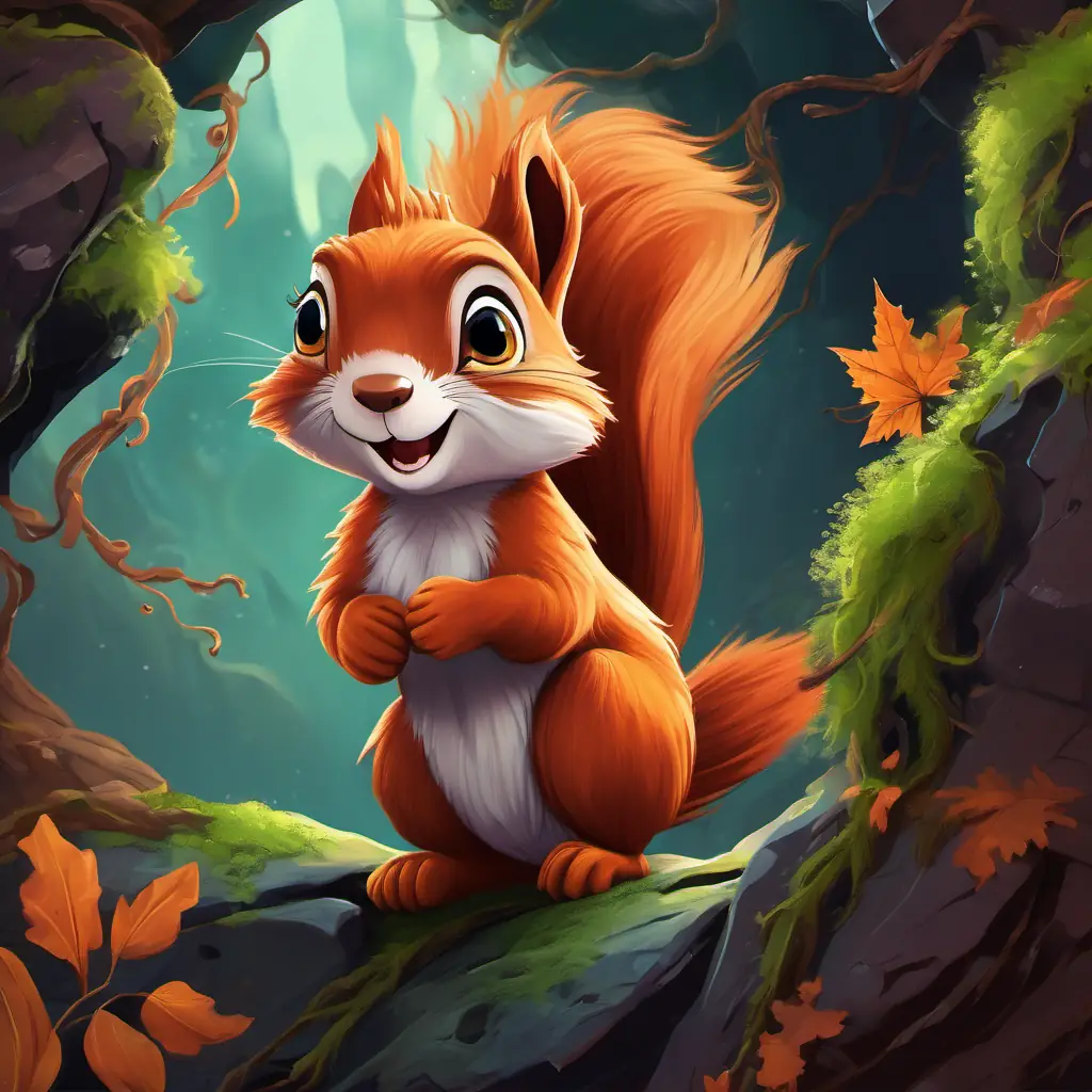 With twinkling eyes and a determined heart, A curious squirrel with reddish-brown fur and a bushy tail bravely embarked on an exciting quest through twisted vines, mossy rocks, and the eerie depths of a hidden cave.