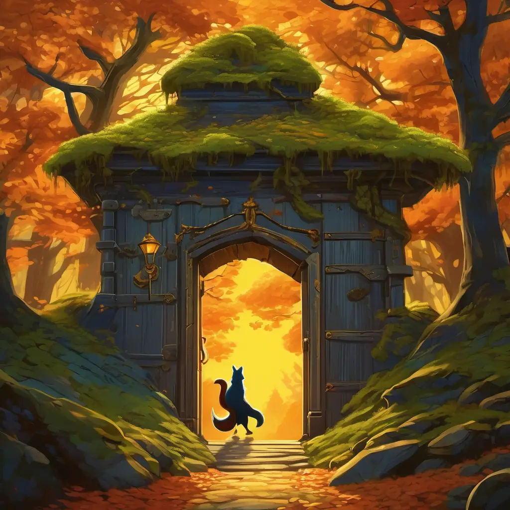 Standing before a magnificent, moss-covered A majestic door covered in moss, revealing a hidden world nestled at the foot of the ancient oak tree, A curious squirrel with reddish-brown fur and a bushy tail inserted the golden A shiny, golden key that holds a secret into the lock, revealing a secret world beyond.