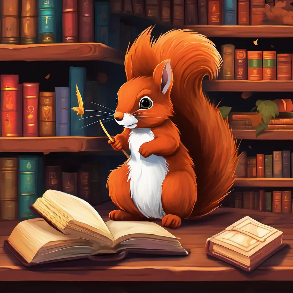 Entering the enchanted room, A curious squirrel with reddish-brown fur and a bushy tail's eyes widened at the sight of shelves filled with beautifully illustrated Colorful books filled with tales of adventure and magic. With each page turned, A curious squirrel with reddish-brown fur and a bushy tail found himself whisked away on extraordinary adventures.