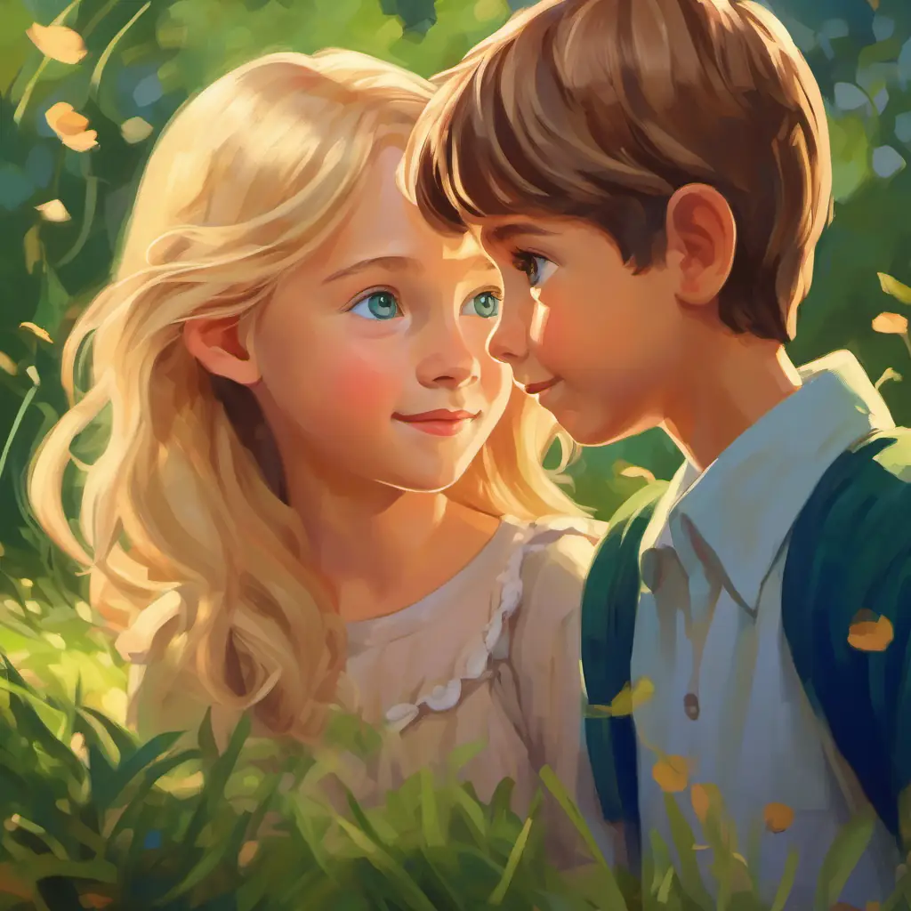A young boy with brown hair and blue eyes admires A young girl with blonde hair and green eyes's kindness.