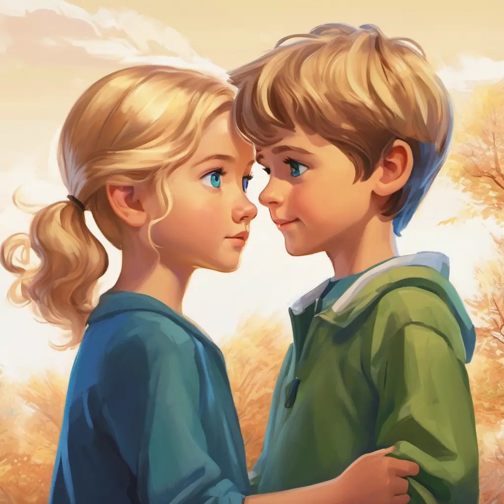 A young girl with blonde hair and green eyes's intellectual side is admired by A young boy with brown hair and blue eyes.