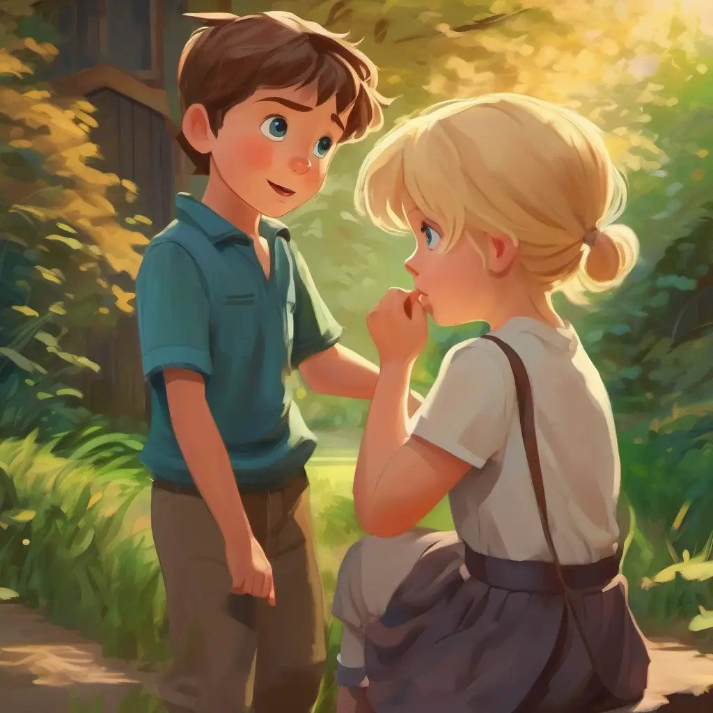 A young boy with brown hair and blue eyes's emotional response to A young girl with blonde hair and green eyes's good deed.