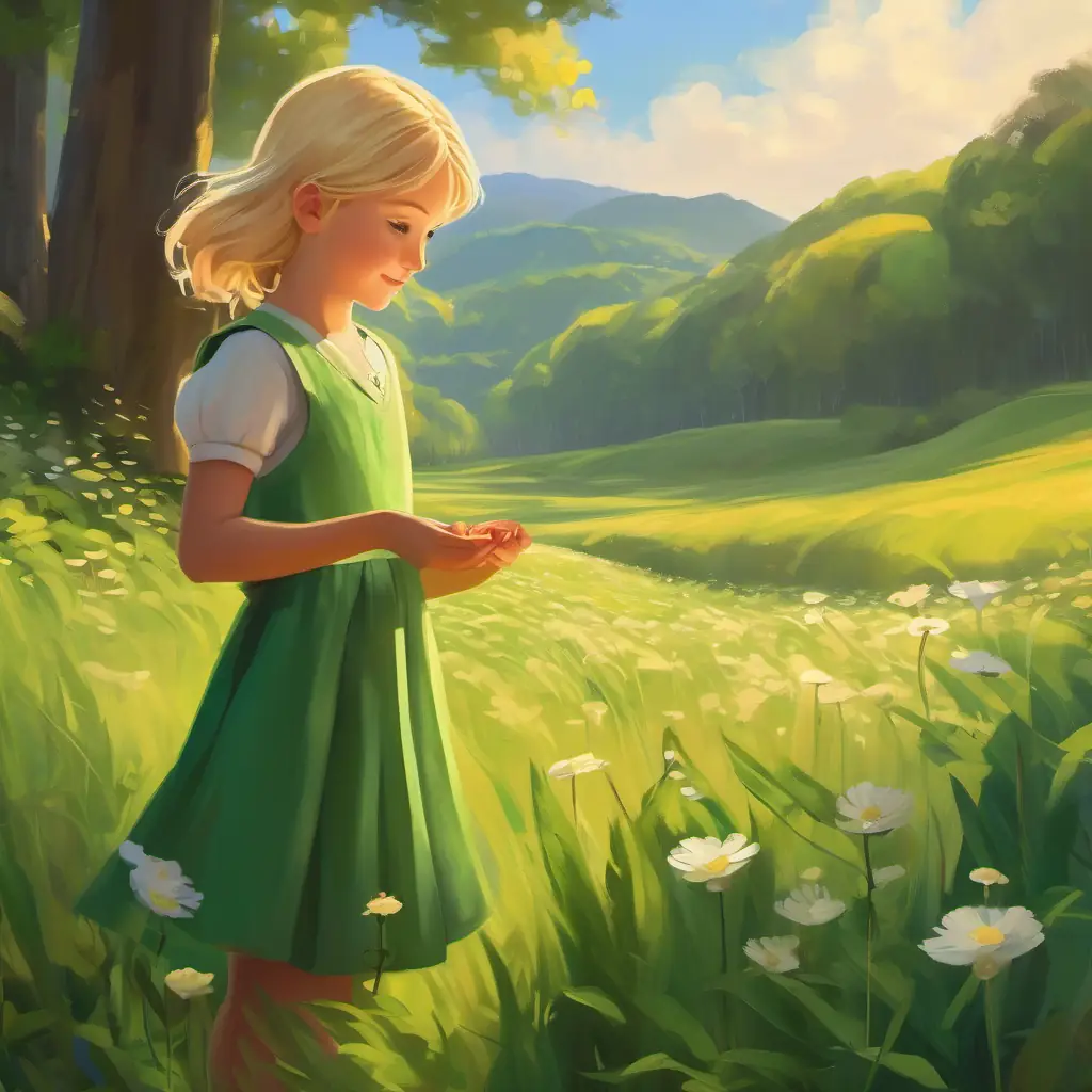 Showing A young girl with blonde hair and green eyes's generosity and sharing nature.