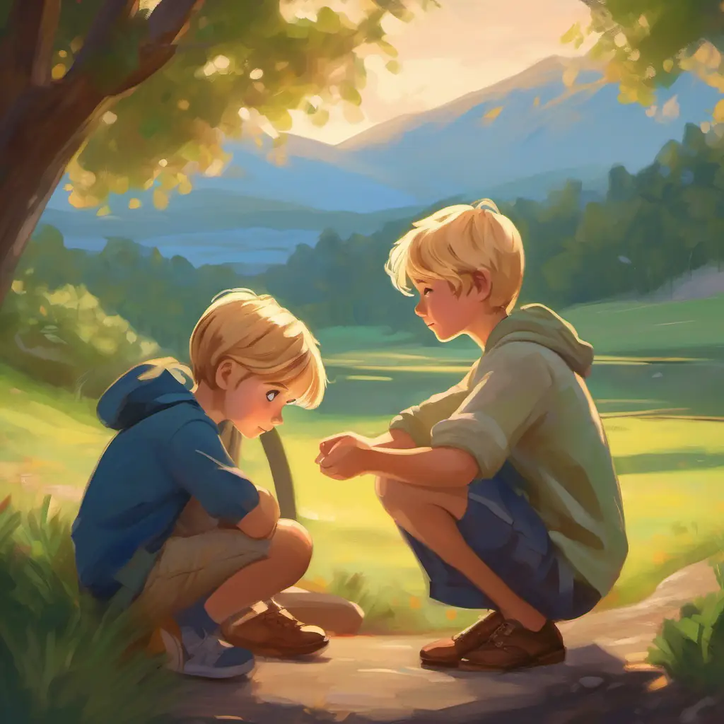 A young girl with blonde hair and green eyes comforts A young boy with brown hair and blue eyes with a personal gift.