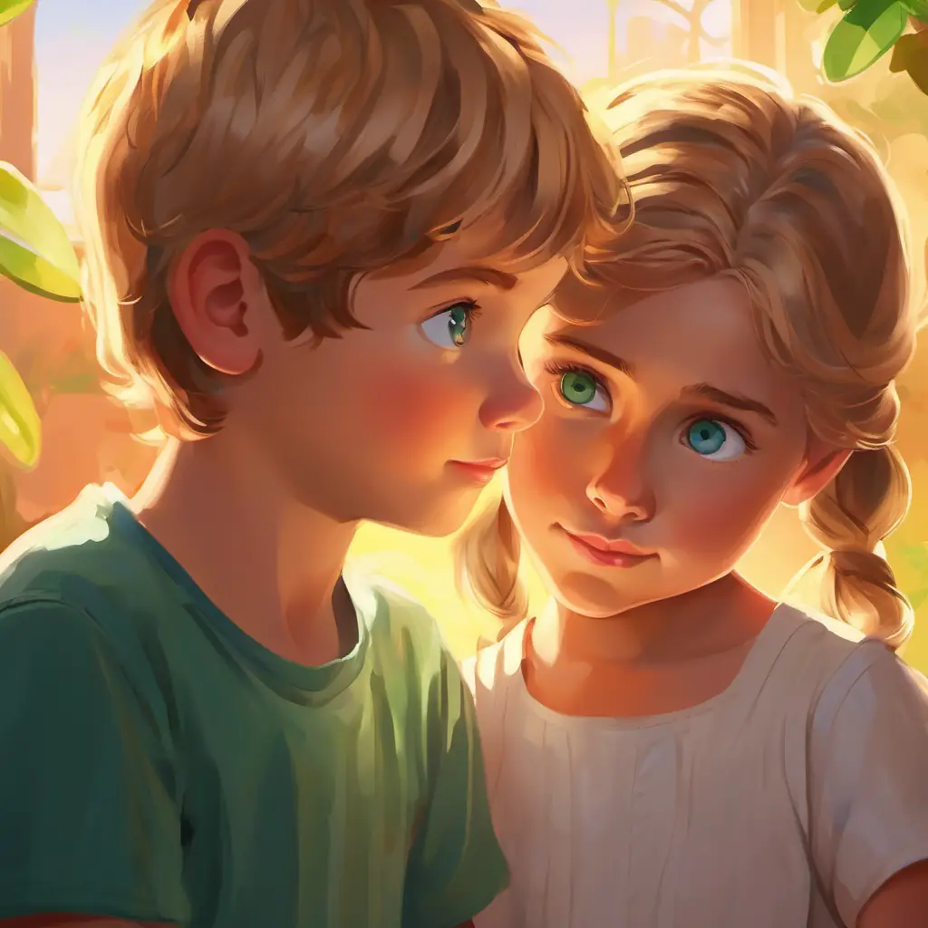 A young boy with brown hair and blue eyes appreciates A young girl with blonde hair and green eyes's thoughtfulness.