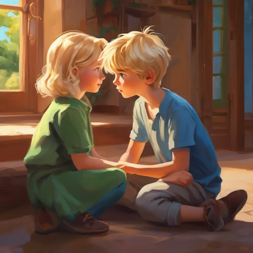 A young girl with blonde hair and green eyes offers physical comfort to A young boy with brown hair and blue eyes.