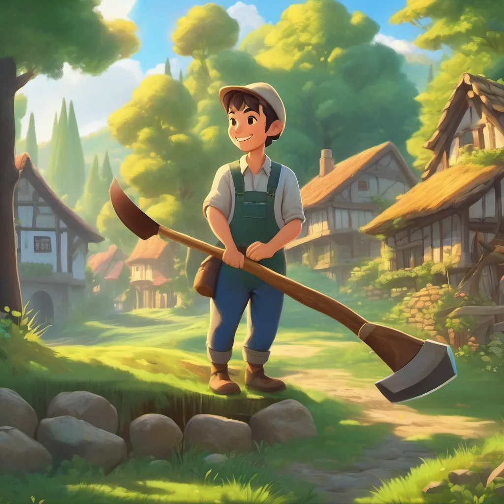 A cheerful A hardworking woodcutter with a kind face, wearing simple clothes and holding an ax in a quaint village near a lush, green forest, with rays of sunlight casting a warm glow.