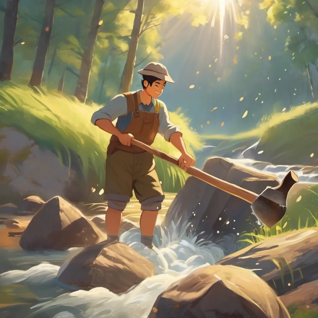 A A hardworking woodcutter with a kind face, wearing simple clothes and holding an ax accidentally dropping his ax into a sparkling, flowing river while the sun shines bright.