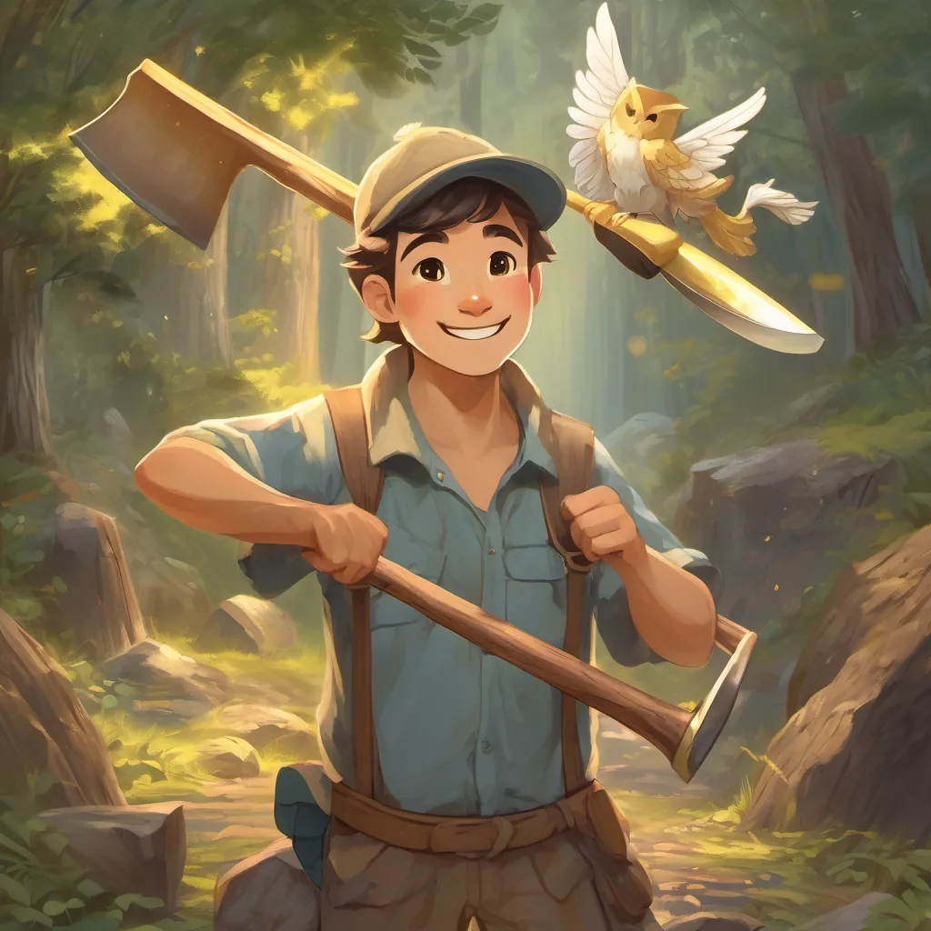 The A hardworking woodcutter with a kind face, wearing simple clothes and holding an ax holding all three axes, with a grateful expression and the A shimmering angel with sparkling wings, holding variously a golden, silver, and worn ax smiling benevolently.
