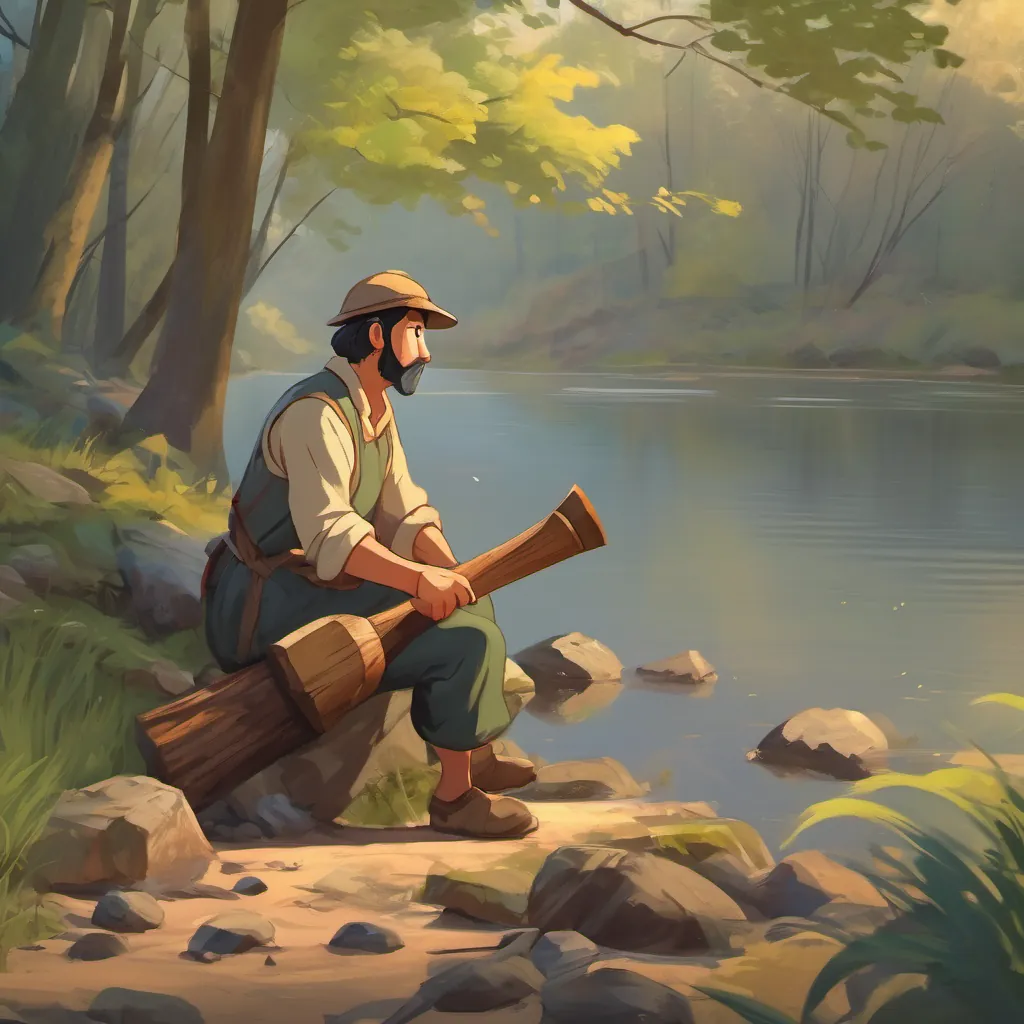 A dejected A hardworking woodcutter with a kind face, wearing simple clothes and holding an ax sitting by the riverbank, looking at the water with a worried expression.