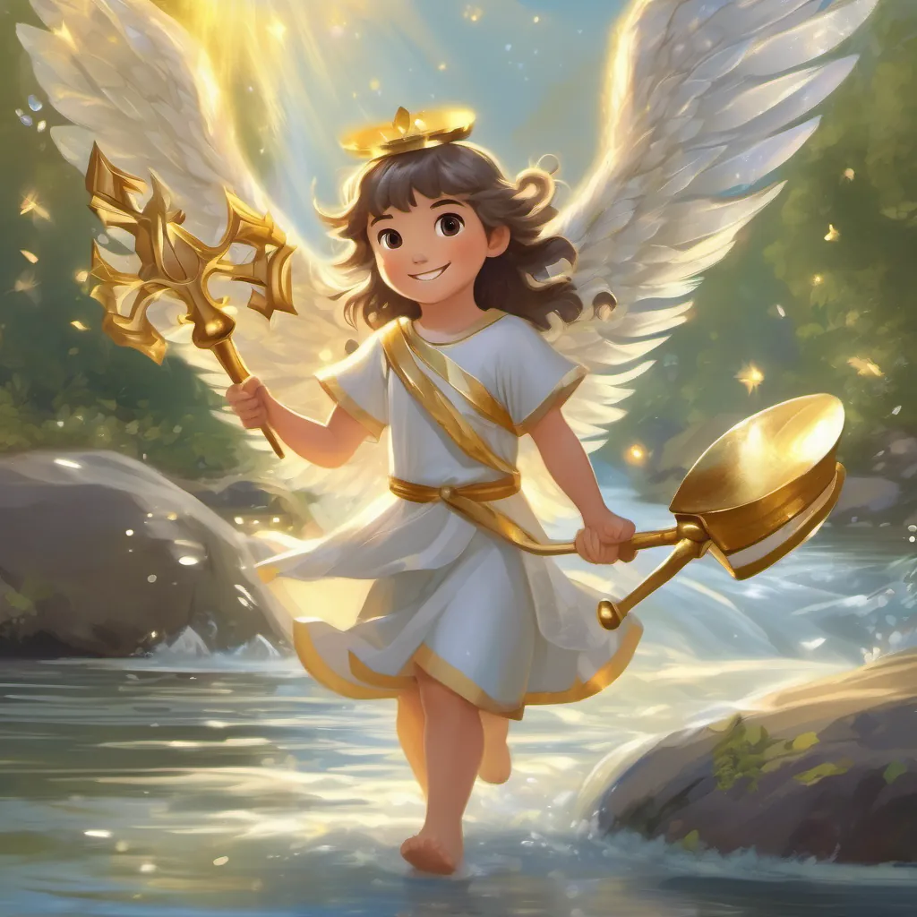 A radiant A shimmering angel with sparkling wings, holding variously a golden, silver, and worn ax with twinkling wings emerging from the river with a friendly smile.