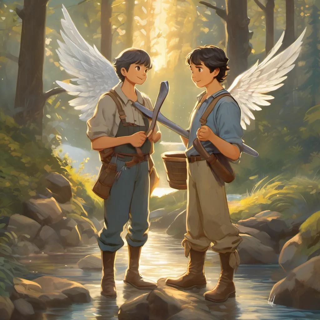 The A shimmering angel with sparkling wings, holding variously a golden, silver, and worn ax asking the A hardworking woodcutter with a kind face, wearing simple clothes and holding an ax about his troubles, with the forest and river in the background.