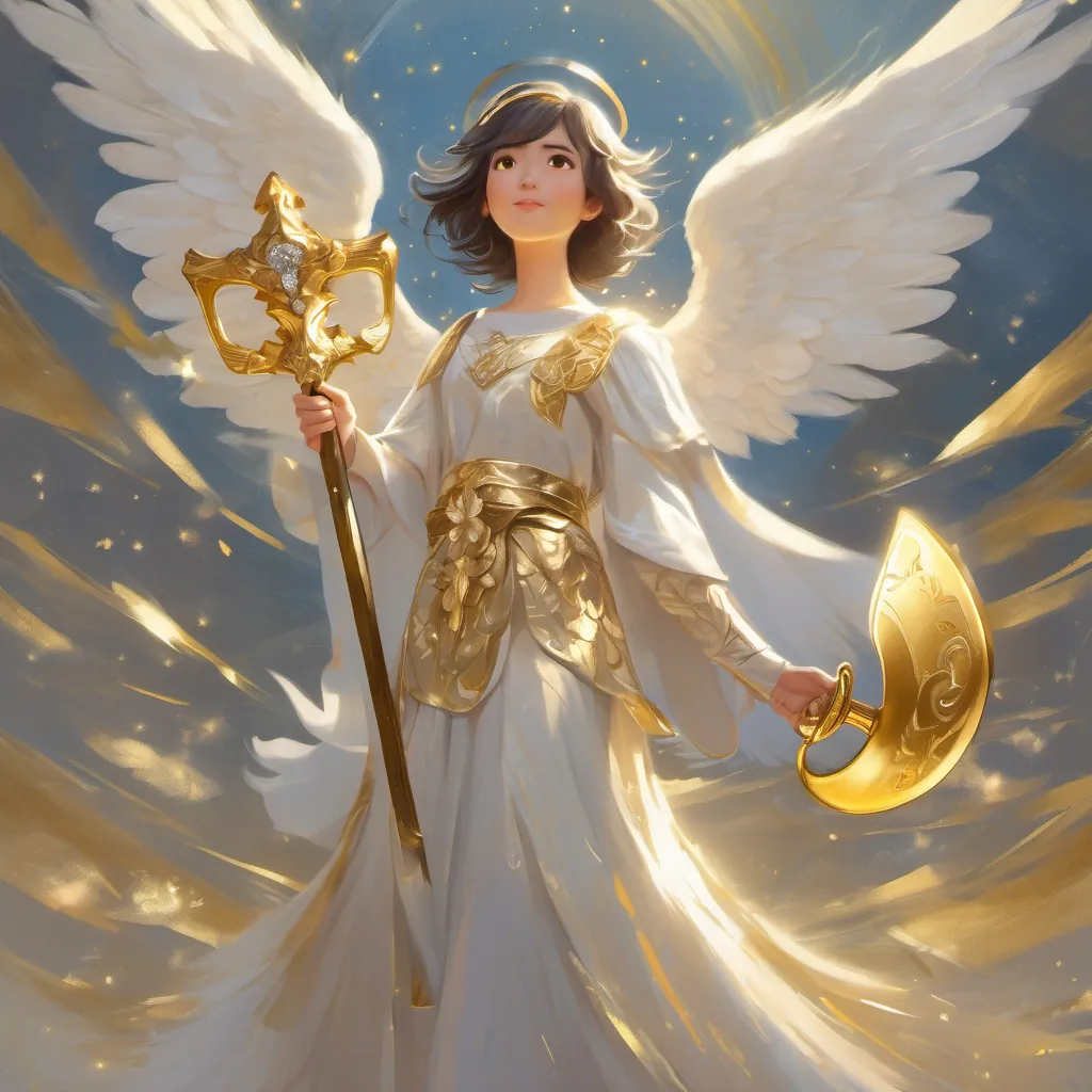 The A shimmering angel with sparkling wings, holding variously a golden, silver, and worn ax holding up a golden ax that shimmers in the sunlight.