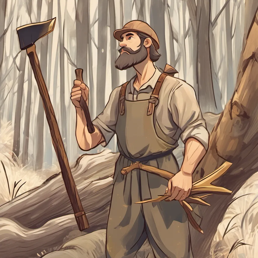The A hardworking woodcutter with a kind face, wearing simple clothes and holding an ax respectfully declining the golden ax, with an honest expression.