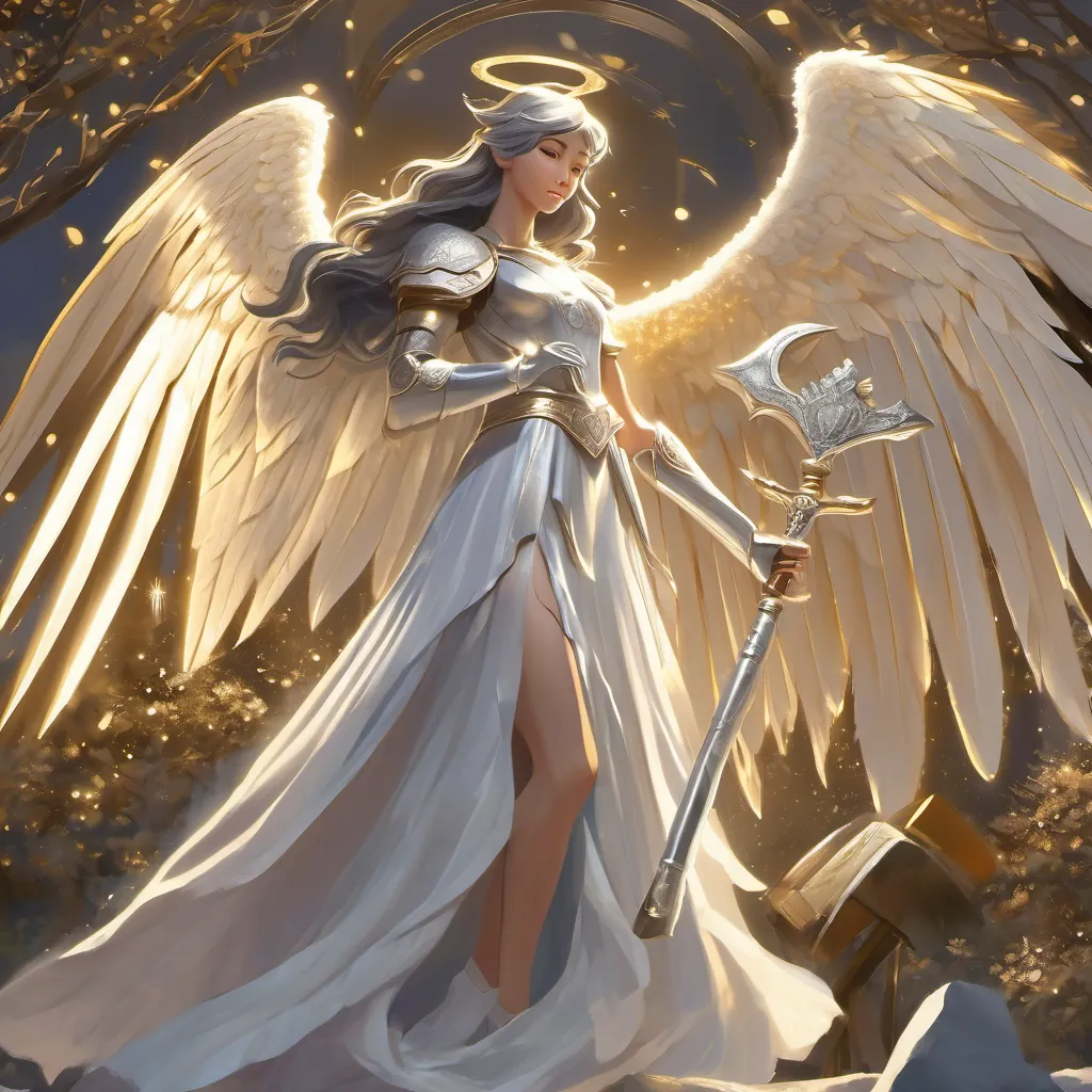 The A shimmering angel with sparkling wings, holding variously a golden, silver, and worn ax holding a silver ax that glows like moonlight.