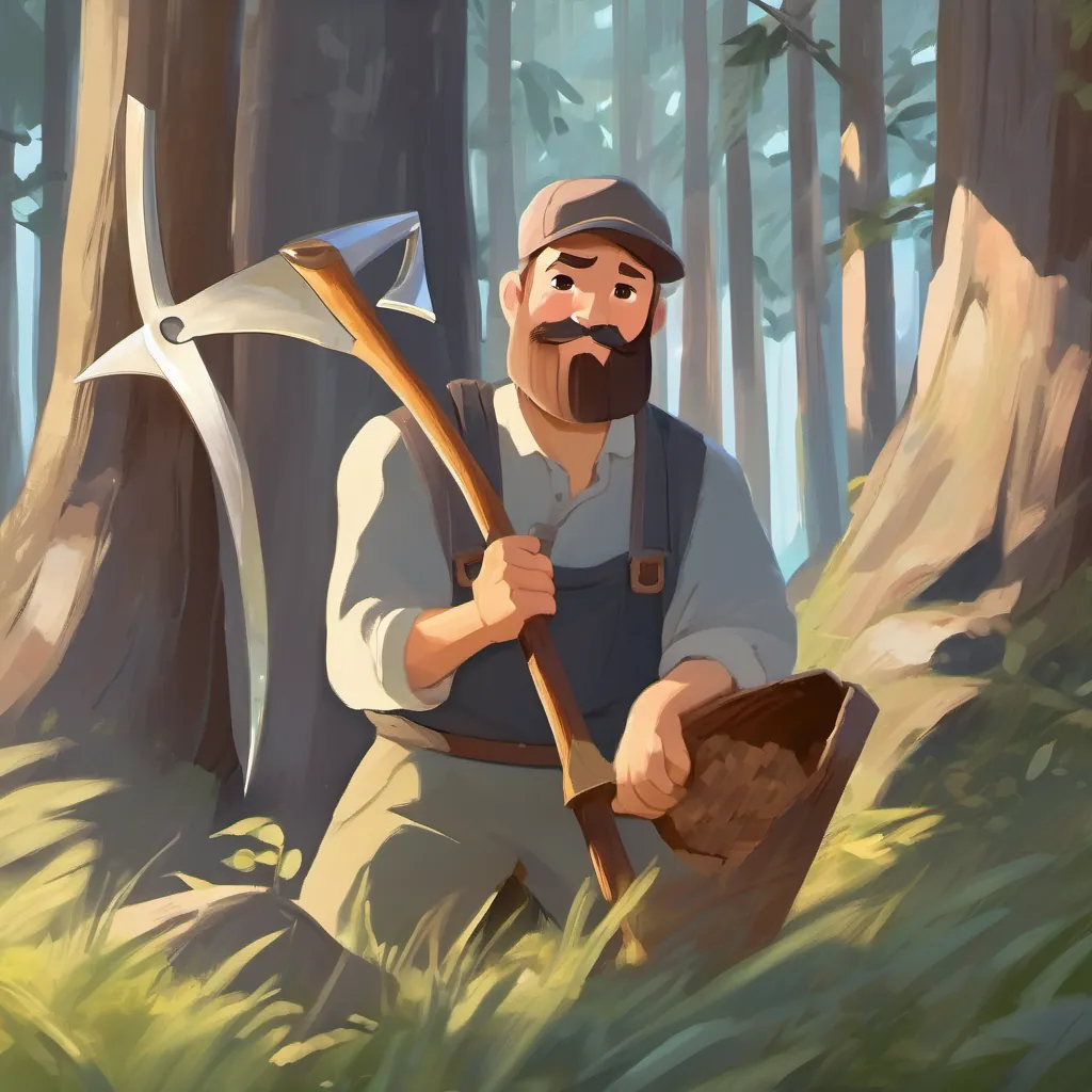 The A hardworking woodcutter with a kind face, wearing simple clothes and holding an ax politely declining the silver ax with a determined look.