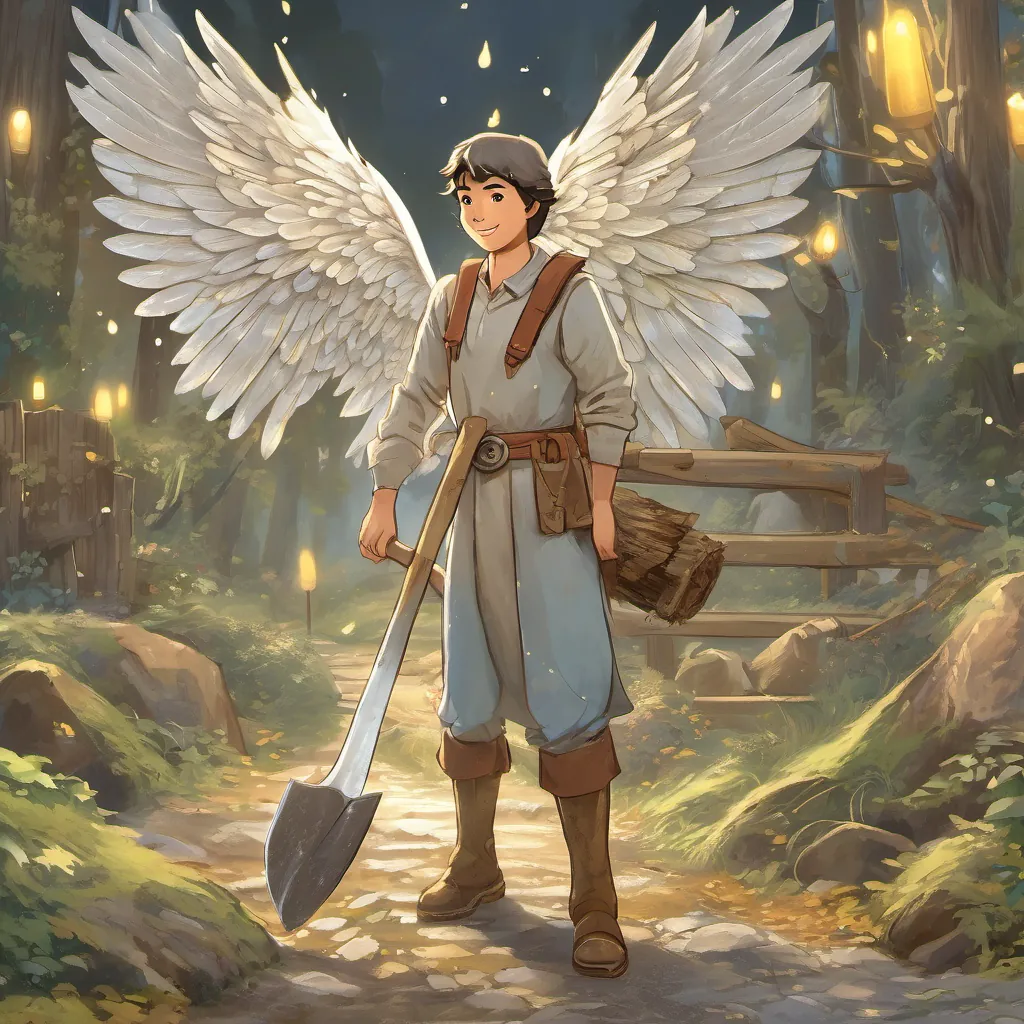 The A shimmering angel with sparkling wings, holding variously a golden, silver, and worn ax holding the A hardworking woodcutter with a kind face, wearing simple clothes and holding an ax's worn ax, which looks old but reliable.