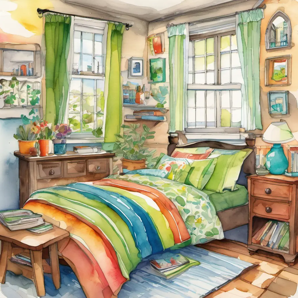 The pages illustrate Creative, with short brown hair and bright blue eyes and Energetic, with messy black hair and curious green eyes's colorful, funky bedrooms with bright bedding, and a visual of the cozy cottage.