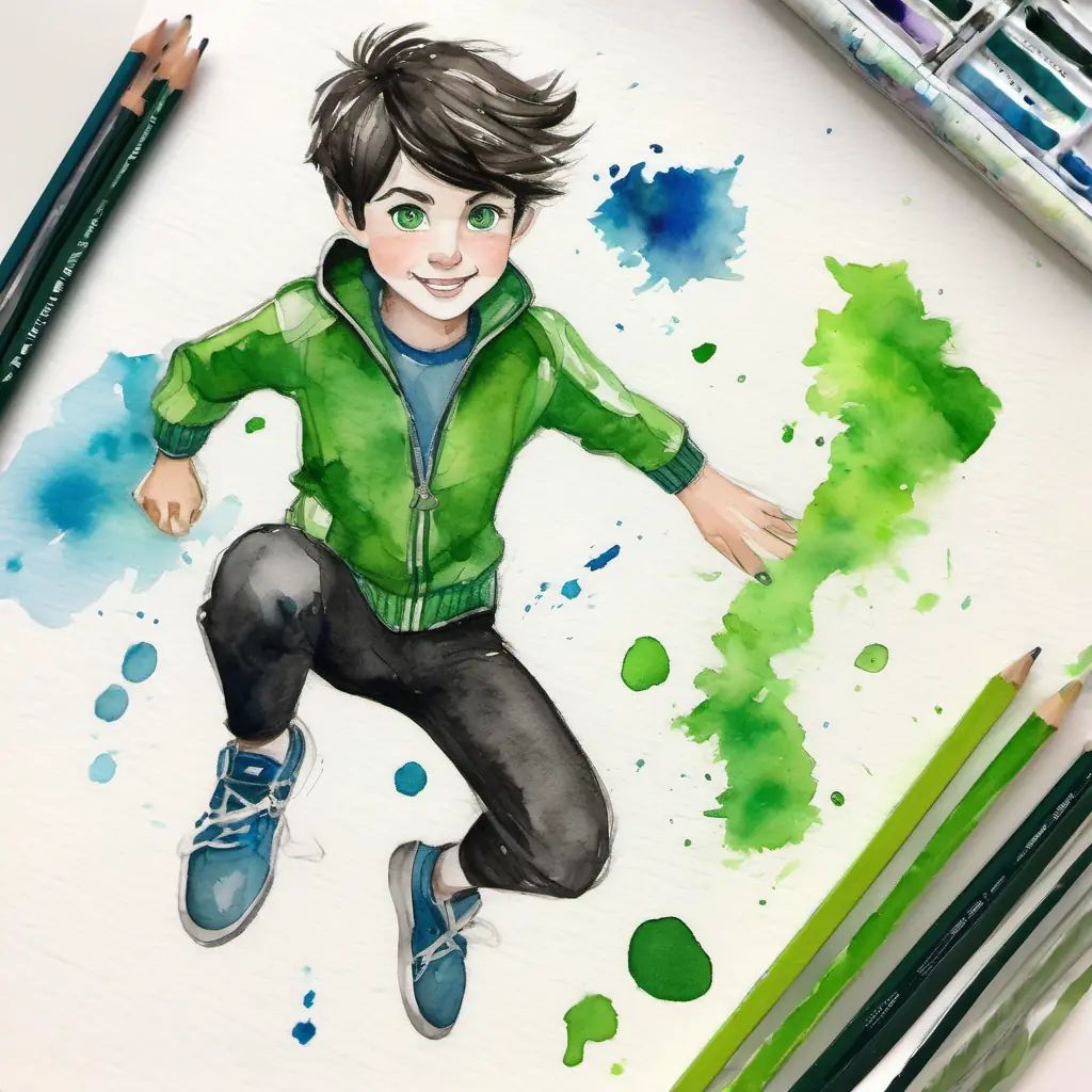 The second page shows Creative, with short brown hair and bright blue eyes and Energetic, with messy black hair and curious green eyes's affection for Sleek, black and white fur with bright, inquisitive green eyes and his playful nature, as he jumps around the room.