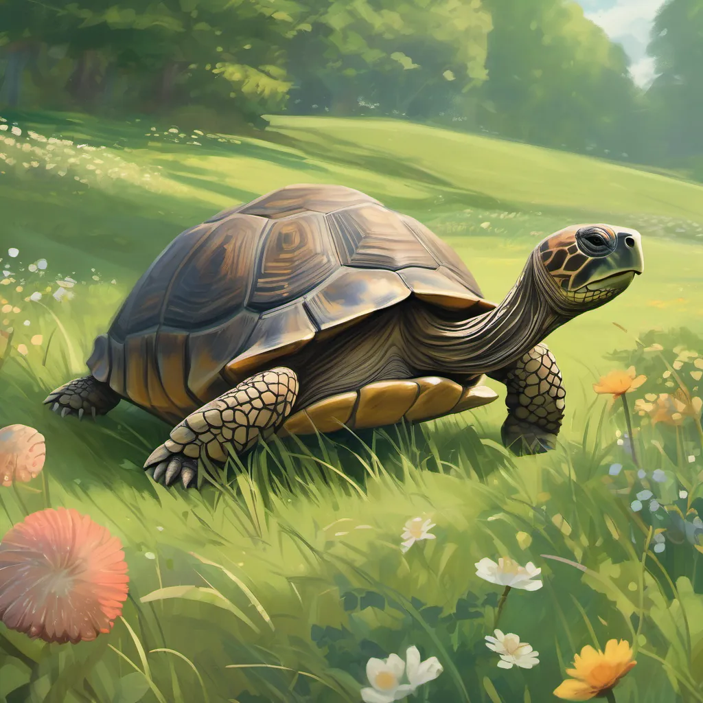 A slow tortoise named A slow tortoise named Tilly with a round shell and stout legs, steady and kind in a meadow with a round shell and stout legs in the same meadow
