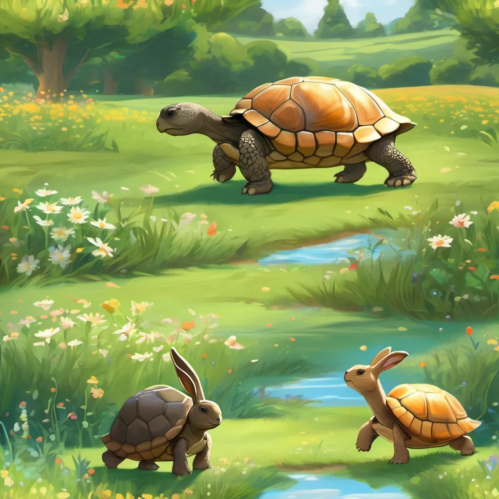 A slow tortoise named Tilly with a round shell and stout legs, steady and kind in a meadow teaching A lively hare named Harvey with twinkling eyes, quick and energetic in a meadow about patience at the finish line