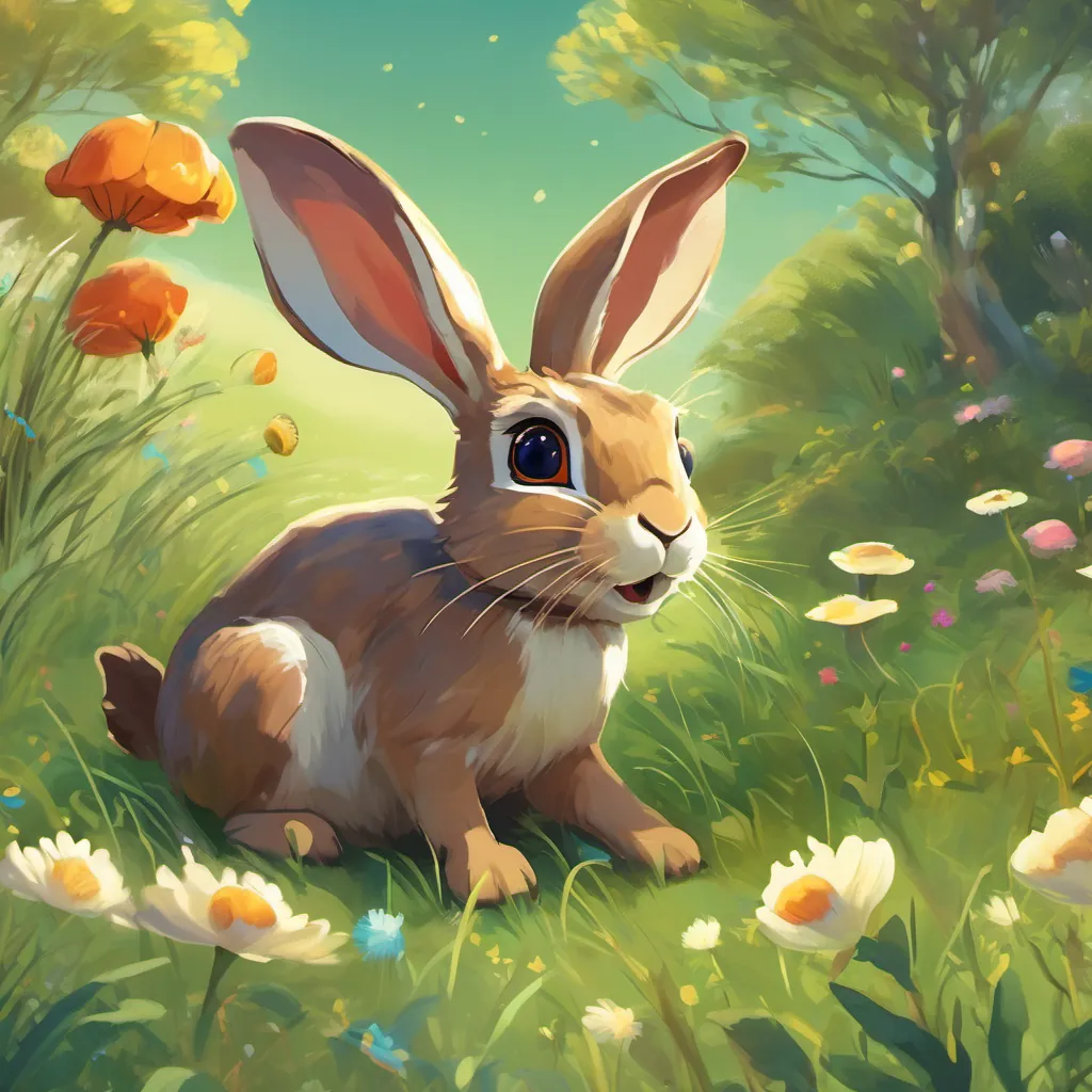 A lively hare named Harvey with twinkling eyes, quick and energetic in a meadow and A slow tortoise named Tilly with a round shell and stout legs, steady and kind in a meadow becoming friends and playing together in the meadow