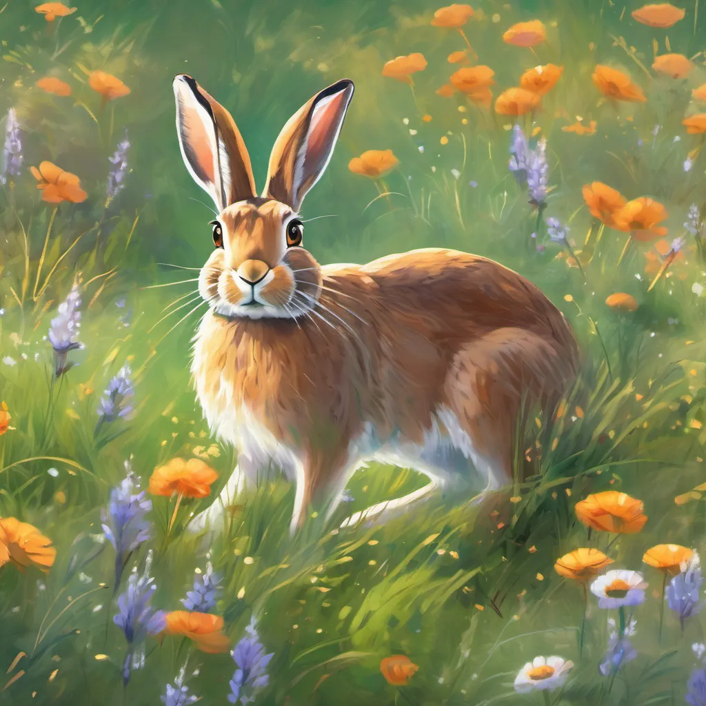 A lively hare named Harvey with twinkling eyes, quick and energetic in a meadow the Hare boasting with his ears standing up in the meadow