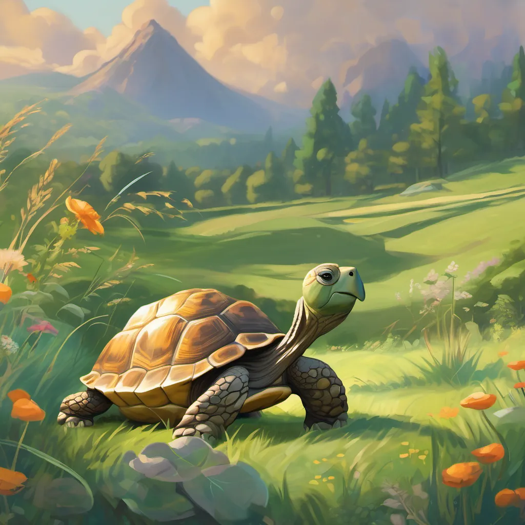 A slow tortoise named Tilly with a round shell and stout legs, steady and kind in a meadow the Tortoise accepting the challenge with a steady and kind expression