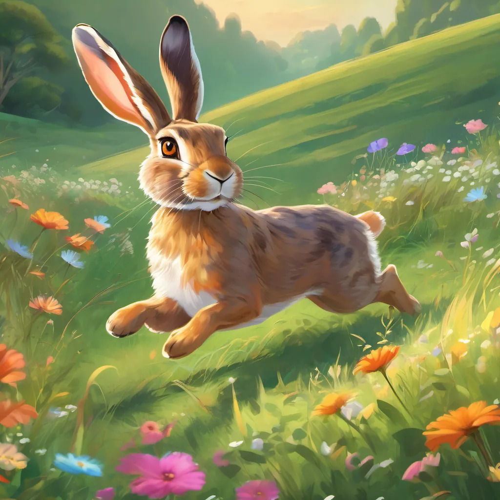 A lively hare named Harvey with twinkling eyes, quick and energetic in a meadow running ahead quickly while A slow tortoise named Tilly with a round shell and stout legs, steady and kind in a meadow steadily starts her race