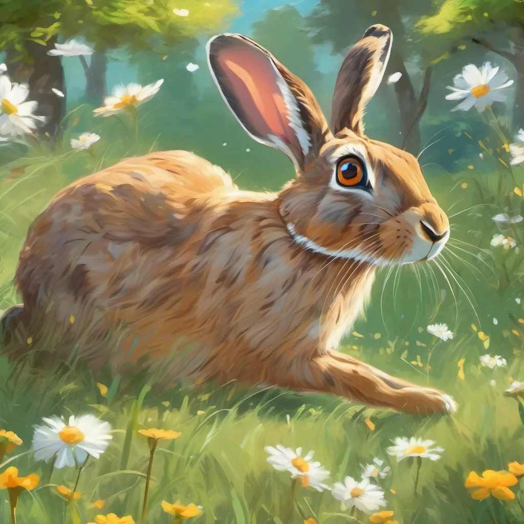 A lively hare named Harvey with twinkling eyes, quick and energetic in a meadow racing energetically past trees and bees, then napping under a tree