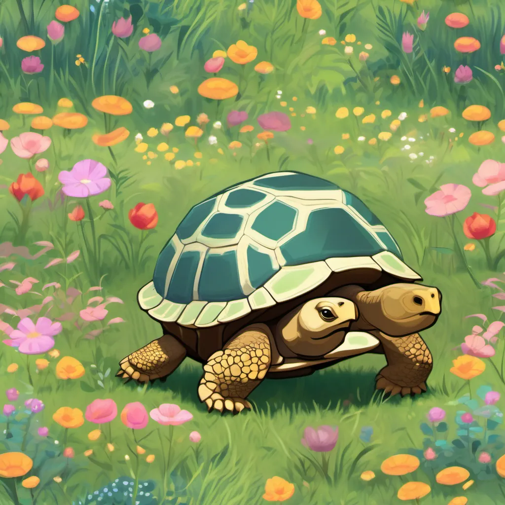 A slow tortoise named Tilly with a round shell and stout legs, steady and kind in a meadow steadily moving forward with determination and cheerfulness