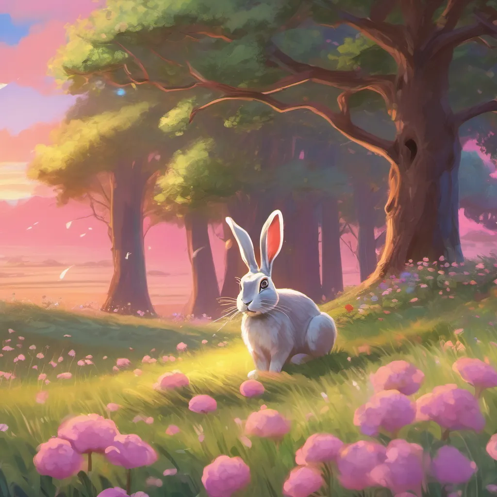 A lively hare named Harvey with twinkling eyes, quick and energetic in a meadow waking up suddenly to a pink sunset, looking worriedly around