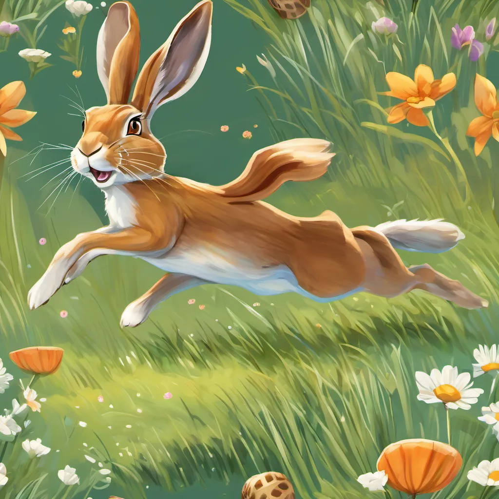 A lively hare named Harvey with twinkling eyes, quick and energetic in a meadow rushing towards the finish line and seeing A slow tortoise named Tilly with a round shell and stout legs, steady and kind in a meadow already there, smiling
