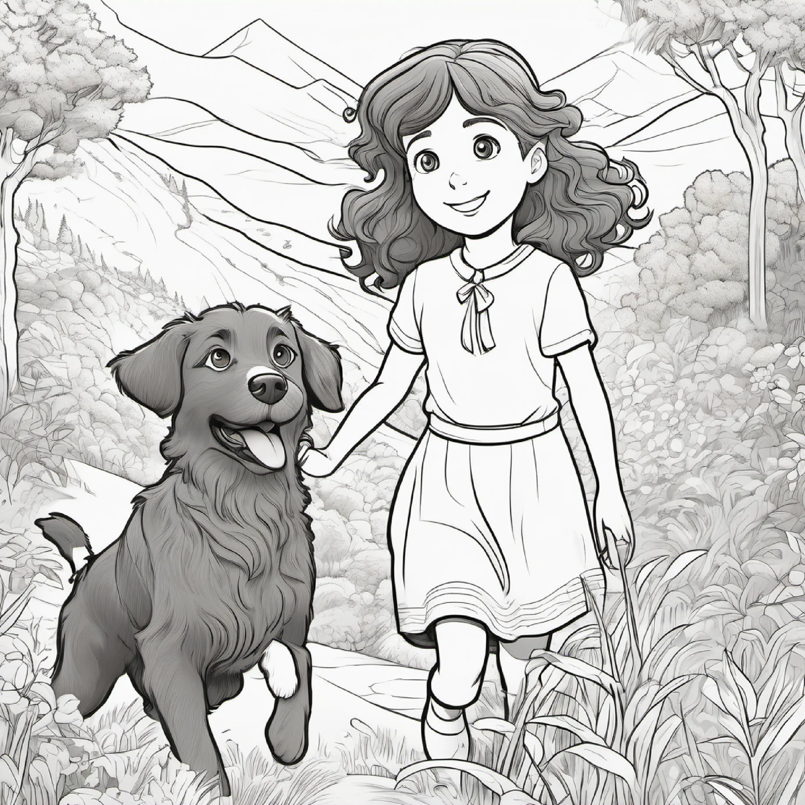 Introduction of Little girl with bright green eyes and curly brown hair and Fluffy brown dog, energetic and playful, playful scene in a valley.