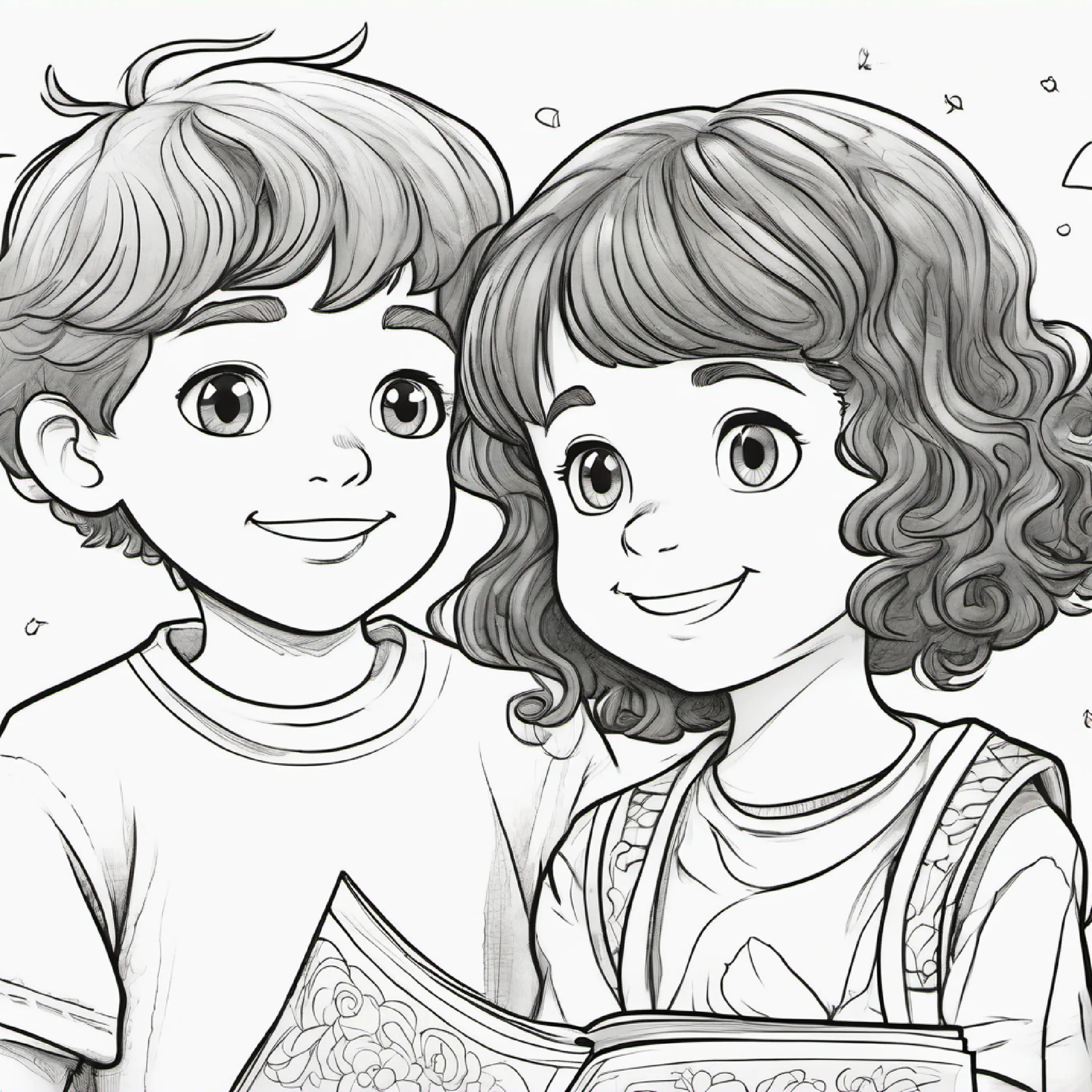 Little girl with bright green eyes and curly brown hair observes New boy with short black hair and thoughtful brown eyes's happiness, reflects on her kindness.