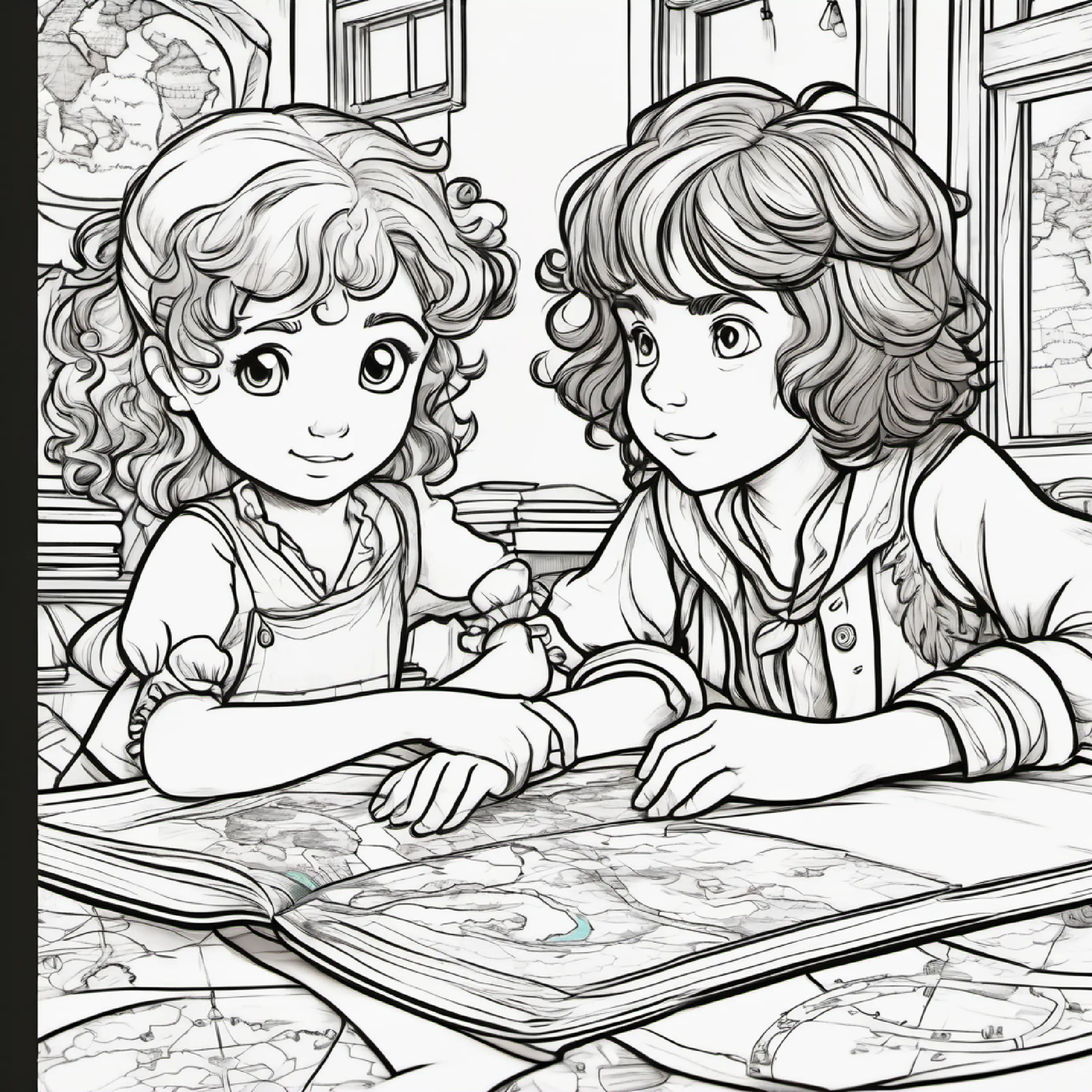 Little girl with bright green eyes and curly brown hair discovers New boy with short black hair and thoughtful brown eyes's interests in pirates and maps.