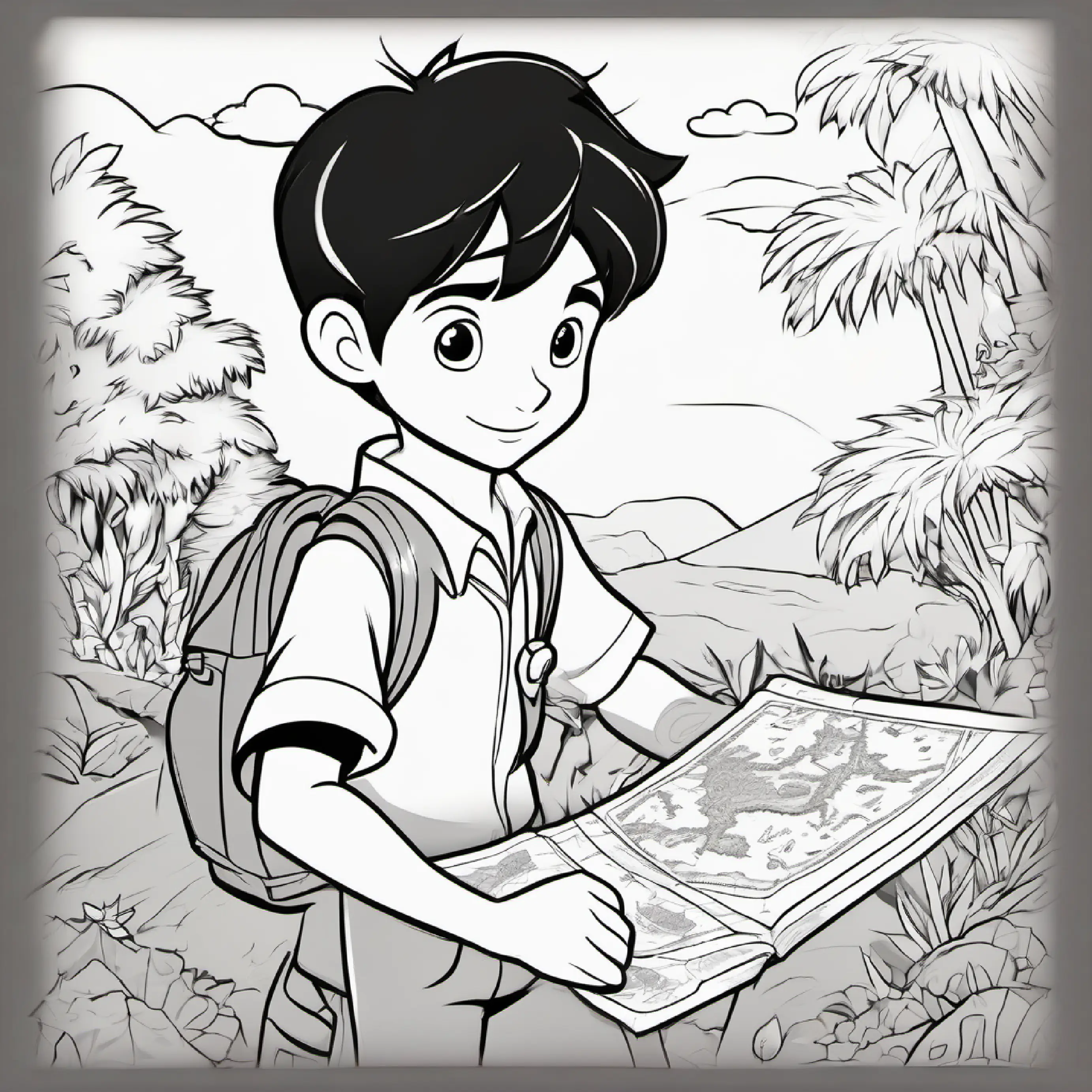 New boy with short black hair and thoughtful brown eyes leads a treasure map game, sandbox becomes a pretend treasure hunt.