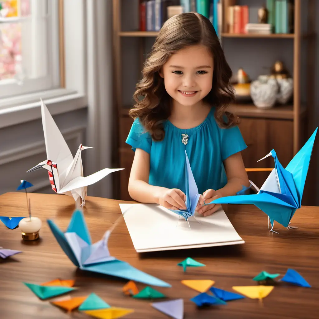 Lily has brown hair and sparkling blue eyes sitting at a table, folding an origami crane. The crane coming to life and flying around the room.