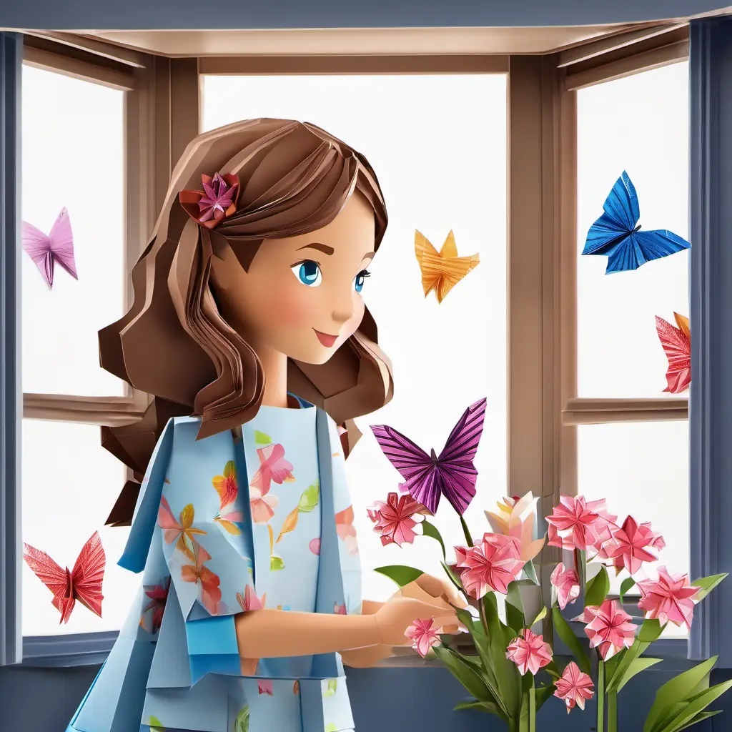 Lily has brown hair and sparkling blue eyes folding an origami butterfly. The butterfly flying out of the window, surrounded by beautiful flowers.