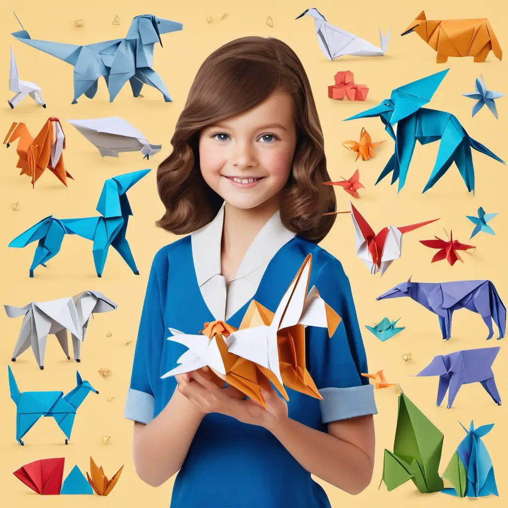 Lily has brown hair and sparkling blue eyes folding various origami animals, surrounded by her happy creations.