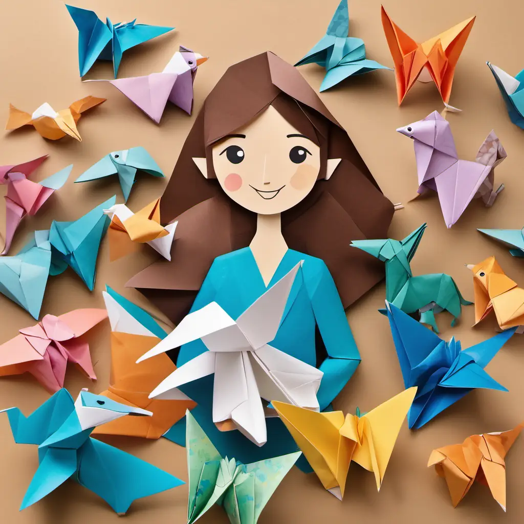 Lily has brown hair and sparkling blue eyes surrounded by a group of kids, all happily folding origami animals. Paper creatures scattered around them.