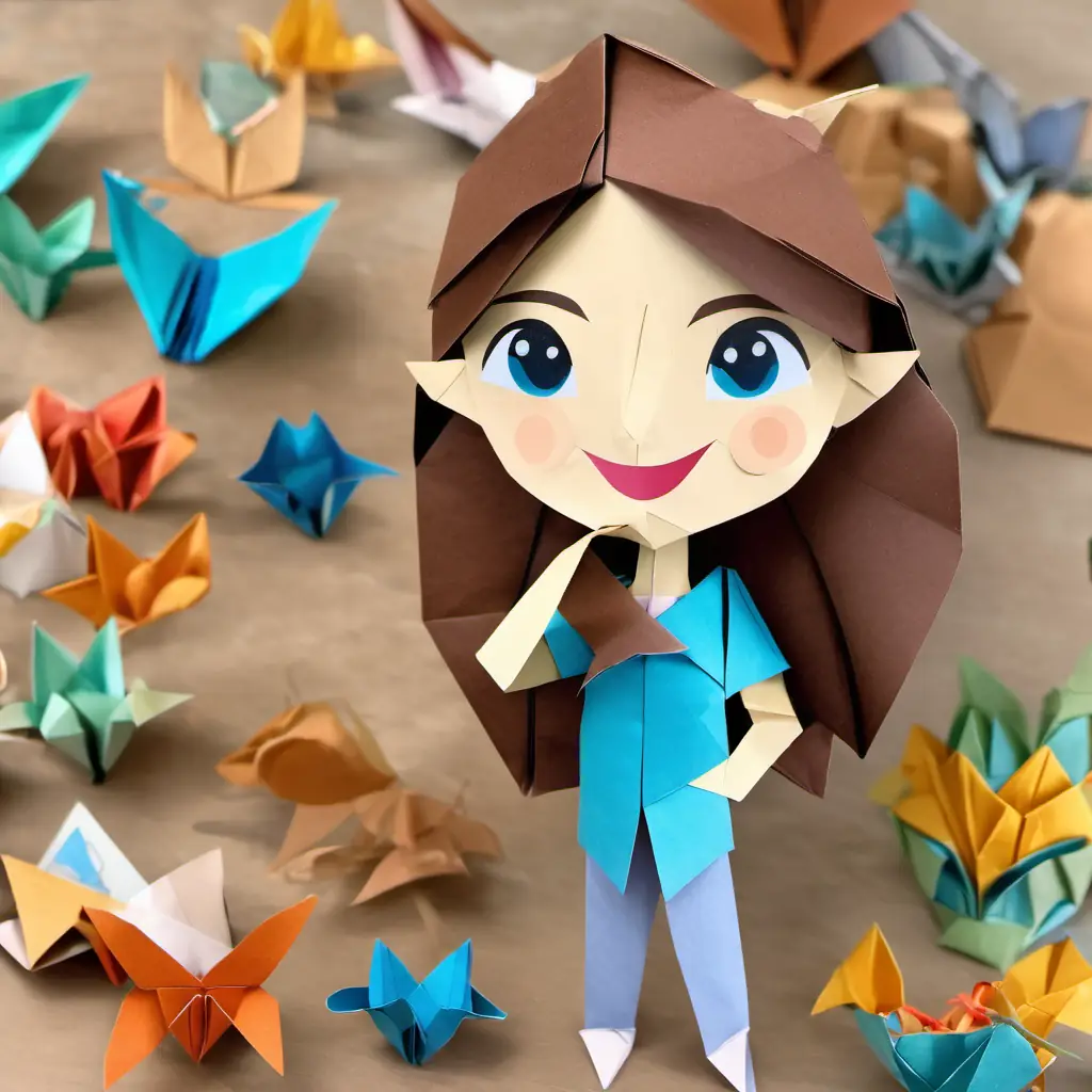 Lily has brown hair and sparkling blue eyes standing proudly with her origami creations, wearing a big smile on her face.