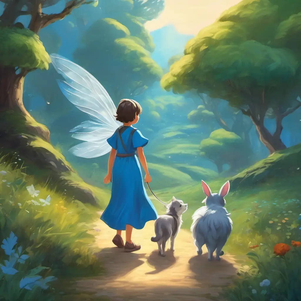 Fairy with silver wings and blue dress and Timmy on a journey, meeting friendly animals