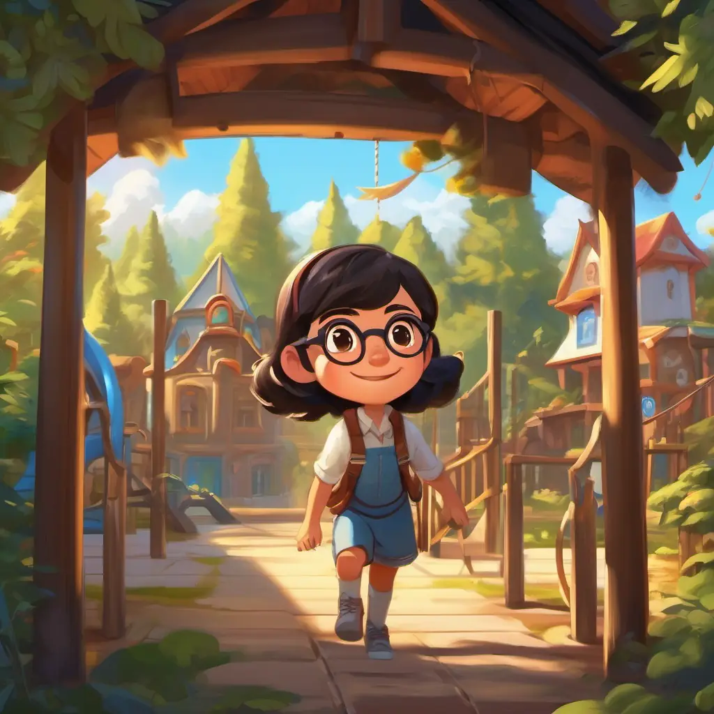 Introduction, Dark-haired, glasses, light skin, brown eyes, warm smile's appearance and readiness for adventure, playground setting.